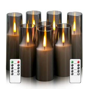 뭄차시 8팩 불 없는 양초, 리모컨으로 작동하는 배터리, 아르실릭 LED 깜빡이는 집, 결혼식, 크리스마스 파티를 위한 실감나는 춤추는 불꽃 기둥 양초 D2.2 (그레이)