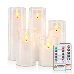 리모컨으로 작동하는 레이케어 불 없는 양초 배터리, 크리스마스 장식용 아크릴 깜빡임 LED 기둥 캔들, 홈 데코, 가족 및 친구를 위한 선물, 흰색, 5종 세트