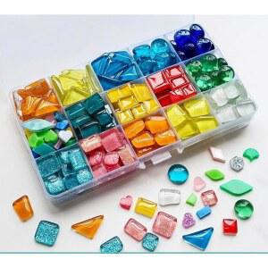 다양한 색상과 불규칙한 모양의 공예용 브릴리틱 모자이크 타일 350개 보관함이 있는 유리 키트 DIY 미술 스테인드글라스 조각 홈 데코레이션
