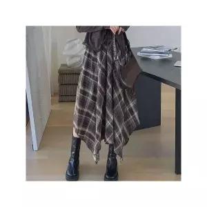 [캣츠원피스]기모 모직 벨트세트 밴딩 언발 체크 롱스커트