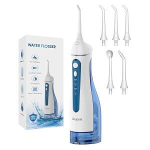 300ML 탱크가 장착된 무선 휴대용 물 치실: 여행, 교정기 관리 및 민감한 잇몸을 위한 5가지 팁이 포함된 충전식 구강 세정기, IPX7 방수 치아 세정 장치(블루)