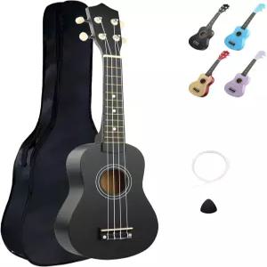 LXS 소프라노 우쿨렐레 입문자용 21인치 소형 기타 긱백 여분 줄 피크 기본 튜토리얼 포함 (블랙)