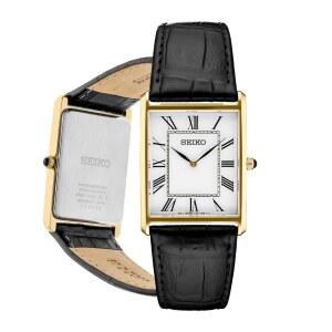 남성 세이코 에센셜 시계 - 에센셜 - 스테인리스 직사각 케이스와 가죽 스트랩으로 방수 기능 제공