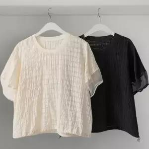 여성 여름 라운드 퍼프 블라우스 박시핏 지지미 테이프