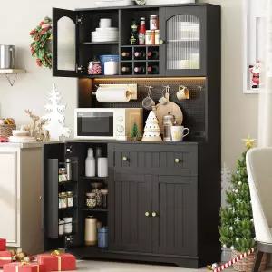 온브릴 71인치 주방 팬트리 캐비닛(전자레인지 선반 및 도어 포함) 콘센트 LED 조명 포함 허치 DIY