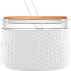 빨대가 달린 엘로 데본 18온스 유리 텀블러 마찰 핏 대나무 나무 뚜껑 실리콘 슬리브 스 커피 차 말차