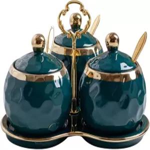 뚜껑 숟가락 트레이가 있는 도자기 조미료 냄비 설탕 그릇 3개 세트 가정용 주방 레스토랑 커피 바용 현대