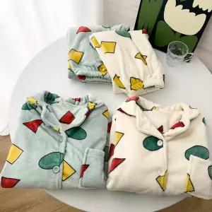 짱구 커플 잠옷 세트 플란넬 극세사 수면 도톰한 가을 겨울 홈웨어 파자마 기하학 패턴