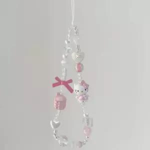 헬로키티 핑크 핸드폰 큐빅 리본 스트랩 휴대폰줄 키링 체인