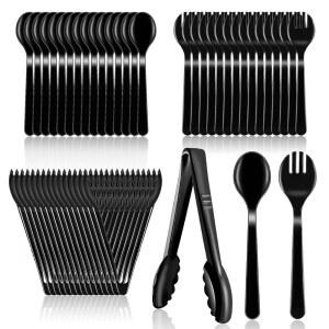 세트 도구 레스토랑 45pcs 포크 파티 용품 일회용 뷔페 서빙 음식 플라스틱 스푼 블랙 대형 집게 헤비 듀티 식사 저녁