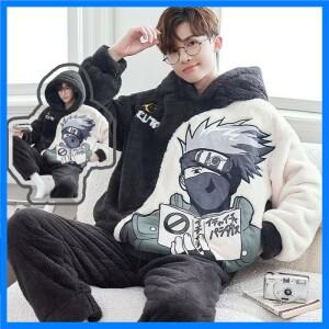 나루토 파자마 세트 애니메이션 원피스 겨울 코랄 플리스 잠옷 대형 사이즈 두꺼운 따뜻한 만화 남성 후드