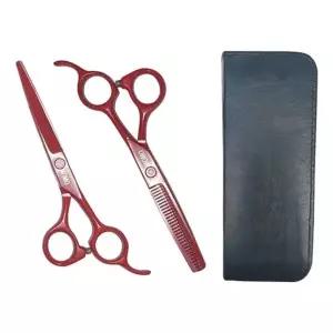 고품질 MOMO 컬러 미용 강아지용 가위 숱가위세트 (레드) (케이스포...
