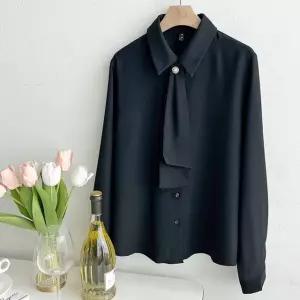 [샵앤] 여성 카라넥 2중 타이 정장 국내산 긴팔 블라우스N REI-WBL-4138-블랙
