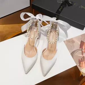 웨딩 신발 슈즈 구두 예식 신부 2025년 화이트 하이힐 뾰족코 펄 체인 리본 꽃 장식 두꺼운 굽 고급 여성