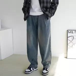 남자 융털 기모 본딩 청바지 빈티지 워싱 핀턱 항아리 벌룬 배기 와이드 밴