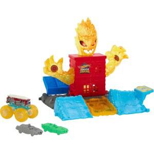 핫 휠 트럭 놀이 세트, 1 64 스케일 5 경보 소방차가 공개를 위해 파이어 몬스터와 싸우고, 부서진 자동차 2대, 파워 스매셔스