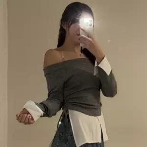 여자 오프숄더 리본 셔링 레이어드셔츠 배색 티셔츠