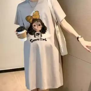 bns 편안한 임부 미디 원피스 반팔 라운드넥 빅사이즈