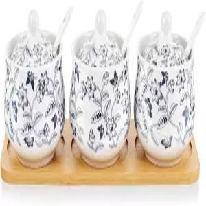 뚜껑 숟가락 트레이가 있는 부채꼴 파란색 및 흰색 꽃무늬 세라믹 설탕 그릇 커피 통 3개 세트 주방용