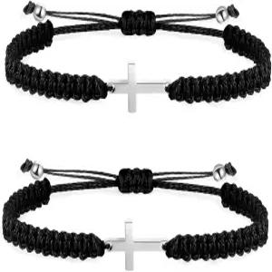 2피스 우정 크로스 브레이슬릿 블랙 스트링 로프 땋은 팔찌 스테인리스 스틸 핸드메이드 럭키 매칭 커플