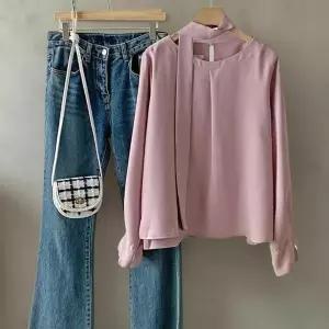 [하프클럽/옷자락]여성 사무복 타이 스트랩 쉬폰 긴팔 블라우스