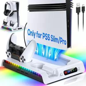 PS5 Pro /Slim 콘솔용 냉각 팬이 장착된 FASTSNAIL 충전 스탠드 9개의 RGB 조명 및 헤드셋 후크가 수직