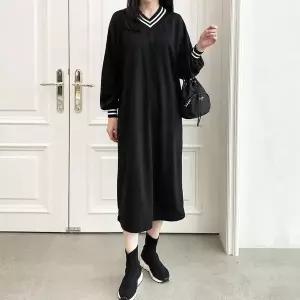 [하젤]포테라 브이넥 라인 오버핏 롱 면원피스_S4511