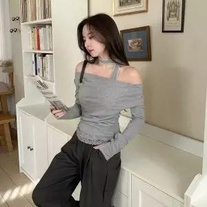 [하프클럽/옷자락]여성 봄 간절기 편안한 홀터 오프숄더 드레이프 셔링 티