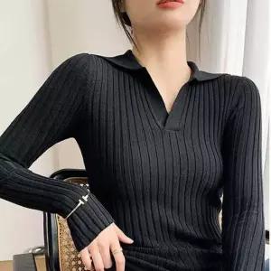 여자 청바지에 어울리는 슬림 골지 니트 카라 브이넥 니트웨어보세니트
