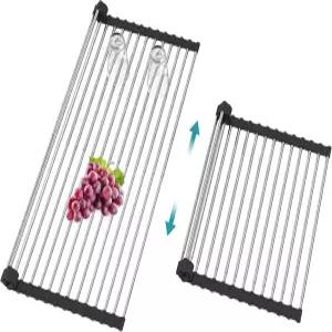 BBXTYLY 확장 가능한 롤업 접시 건조대 싱크대 위 커버 주방 액세서리 스테인리스 스틸 배수기 접이식