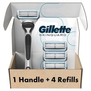 질레트 스킨가드 면도기, 면도기 1개, 면도날 리필 4개, 피부 자극, 돌기, 민감성 피부를 가진 남성을 위해 설계되었습니다