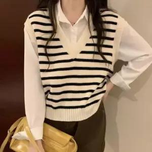 여성 단가라 니트 브이넥 캐주얼 린넨셔츠 77-D