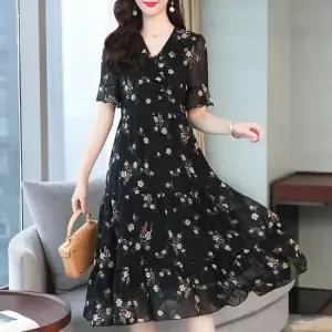 TBZ KAA9801 여자꽃무늬프릴반팔원피스 시스루원피스 레이스원피스 쉬폰원피스 여자원피스