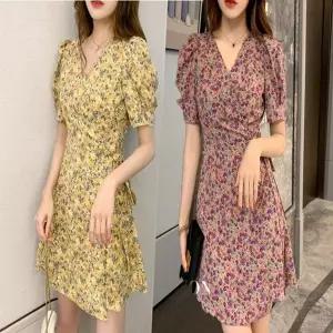 여자 청순 꽃무늬 퍼프 소매 V넥 반팔 랩 원피스 (KYR-WEBF712)