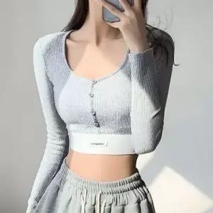 골지 긴소매 스퀘어넥 캐주얼 크롭탑 티셔츠