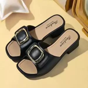 [하프클럽/]여자 오픈토 버클힐 세련장식 미들힐 여름철 슬리퍼