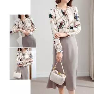 플라워 리본 블라우스 여성용 패션 프린트 셔츠