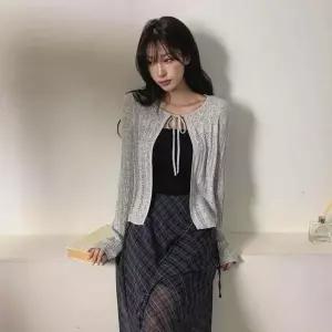 [하프클럽/옷자락]여자 간절기 봄여름 펀칭 리본 레이어드 가디건