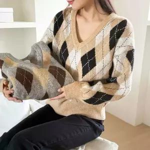 여자 다이아 빅사이즈 롱슬리브 V넥 스웨터 격자 티셔츠