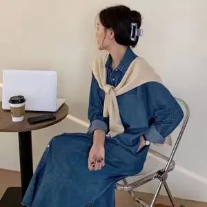 여성 은은 광택 데님 롱셔츠 아우터 원피스 진청 연청 (KYR-WDD849E)