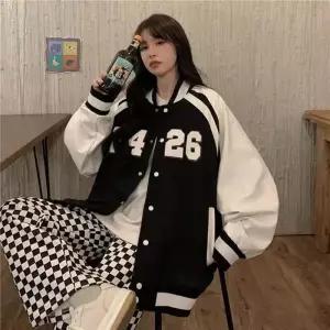 블루종 1컬러 여성 배색 오버핏 야구점퍼 LK-J011