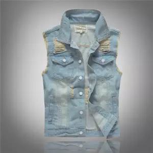 남성청자켓 캐주얼 슬림핏 펀칭 데미지 데님조끼 심쿵빛