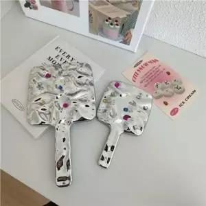 휴대용 다이아몬드 사각 손거울 메이크업 미용 소형 다이아몬드 빈티지 손 여행용 물결 휴대용 메이크업