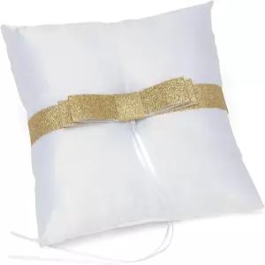 가트너 스튜디오 골드 글리터 보우 링 베어러 베개 화이트 새틴 7.5 u201D x (22038)