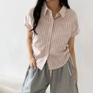 여성 여름 스트라이프 캡소매 반팔 셔링 시스루 블라우스