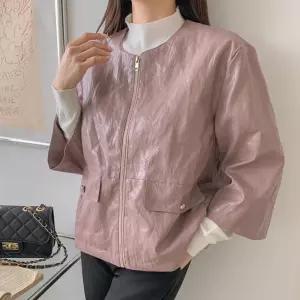 [옷자락] 여성 퀼팅 가죽 노카라 팔부 스트링 봄 집업 자켓