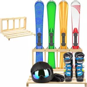 Cinnvoice 나무 스키 보관 랙 차고 바닥 스탠드용 프리스탠딩 정리함 홀더 4인용 마운트 부츠 헬멧 폴