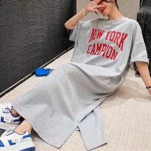 공항 패션 해외 여행 박시 면 원피스 레터링 프린트 (WFKN4M7)