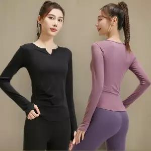 |CCT9FE7|여성 슬림핏 브이넥 셔링 롱슬리브 요가탑