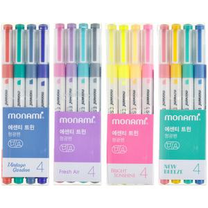 모나미 에센티 트윈 형광펜 4색 세트 사각닙 빠른 건조 깔끔한 필기선